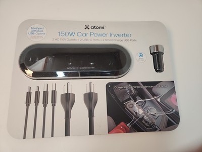 Atomi 150W Car Power Inverter 2 AC 110V Outlets+2 USB-C Ports+2 Smart USB Ports