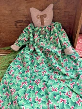 Primitive Doll Lt. Tan Kitty Cat Sock Doll Christmas Holly and Ribbons Dress