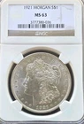 1921 Morgan Silver Dollar - $1 - NGC MS63 - Philadelphia.