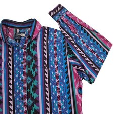 Wrangler Vtg Button Shirt Mens 17.5 Cowboy X-Long Tail Aztec Blue Pink Western