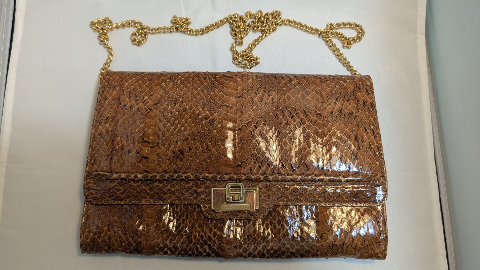 Brown Snake Skin Pattern Python Leather Clutch Sh… - image 1