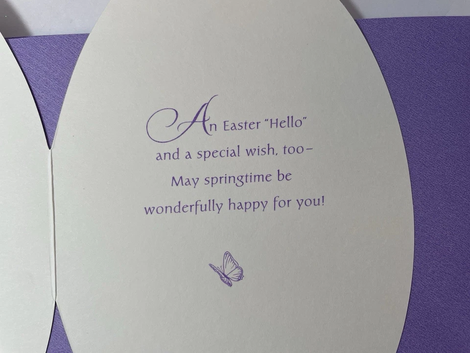 Tarjetas de Pascua ~ En forma de huevo ~ Par de conejitos blancos ~ Juego de 8 ~ Sobres con textura púrpura Foto 2 de 4