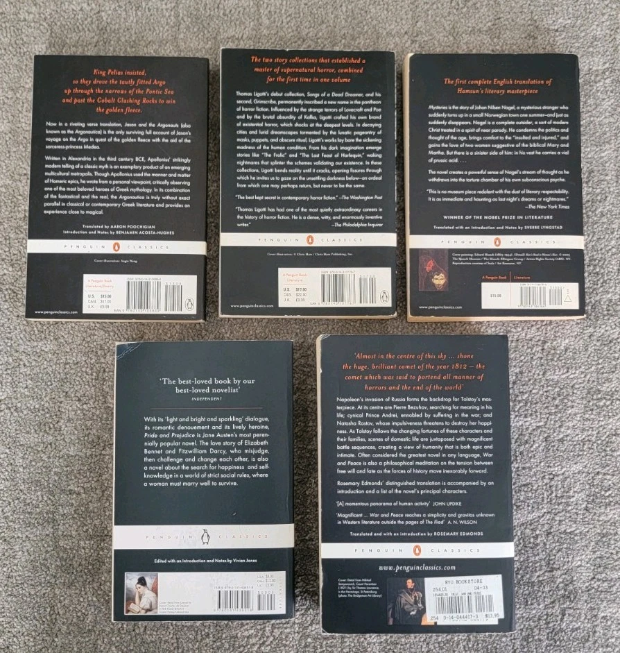 Lot of 5 Penguin Classics Black Spines - Tolstoy, Austen, Ligotti, Hamsun, Argon - Image 2 of 4