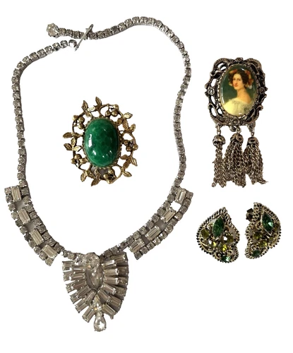 Vintage Costume Jewelry Lot, Green Rhinestone, Wiesner, Goldette