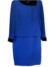 VTG Donna Morgan Dress Sz 10 Blue With Black Velvet Collar & Cuffs Lined