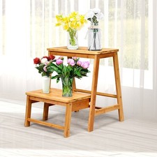 3 IN 1 2-Step Collapsible Step Ladder Bamboo Step Stool Mobile Ladder Display
