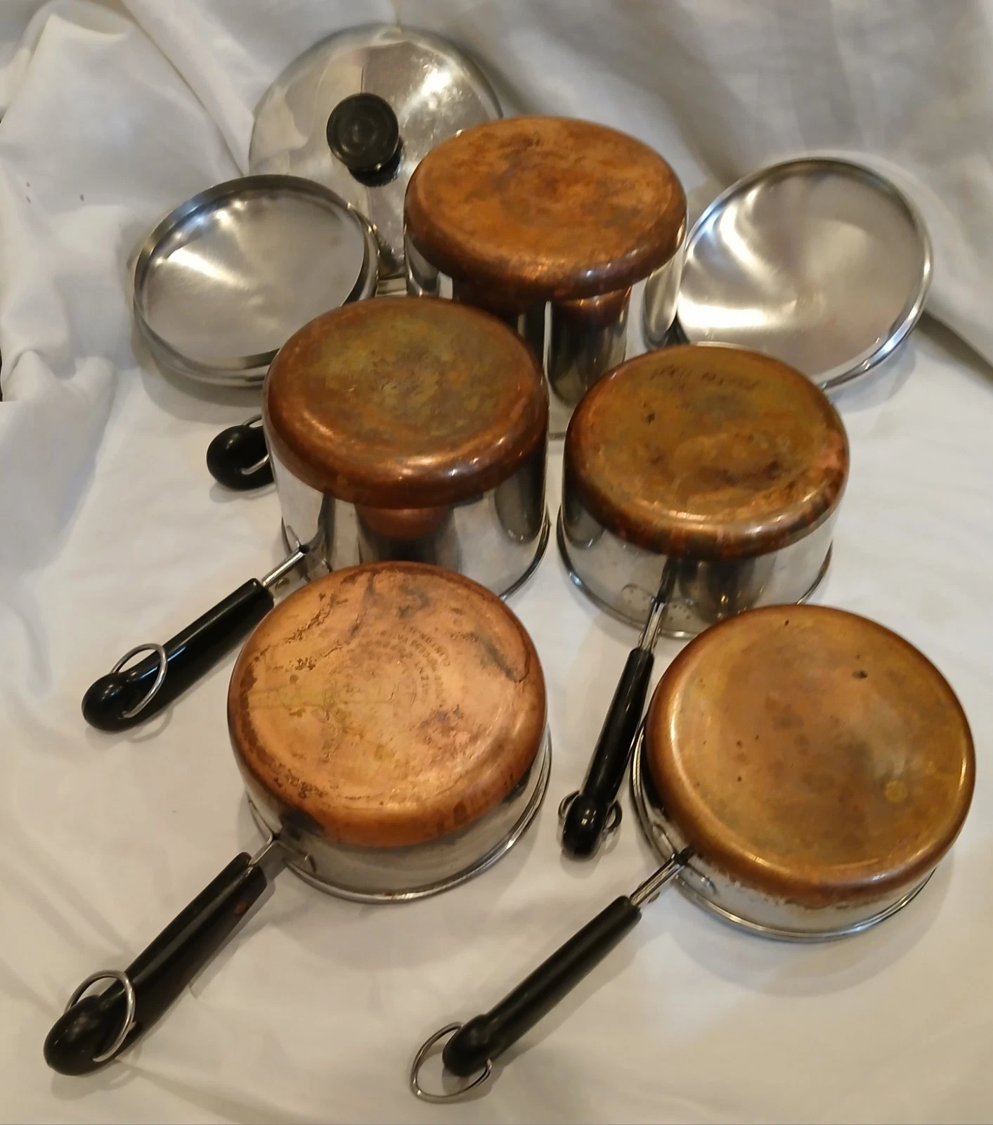 VTG 8 PC SET COPPER CLAD STAINLESS STEEL REVERE WARE 5 POTS & 3 COVERS , # 1801
