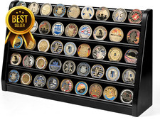 5-Row Wooden Challenge Coin Display Case Holds 50 Coins Wall or Desk Mount Black