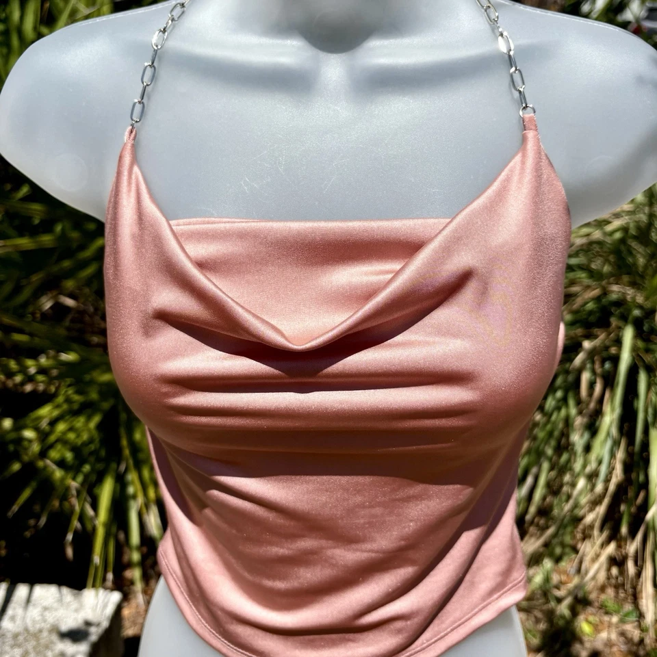 Sexy Top Papaya Malva Rosa Satinado Elastizado Calado Talla S Cadena Correa Halter Y2K Foto 2 de 4