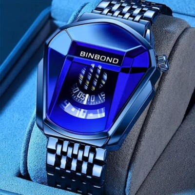 Blue Fashion Quartz Watch Cool Large Dial Waterproof Steel Strap Men Gift New