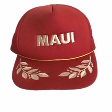 VTG 80s Hawaii Maui Trucker Hat Red White Snapback Embroidered Foam Mesh Rope