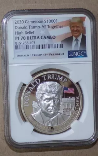 2020 Cameroon 1000F 1oz Silver Donald Trump High Relief NGC PF70 Ultra Cameo