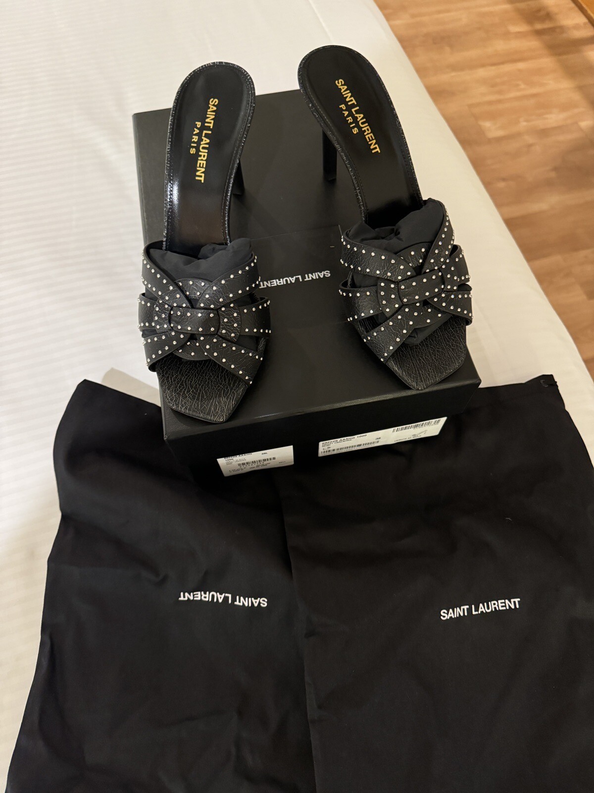SAINT LAURENT TRIBUTE 85 MULE taglia 38 8 nero con scatola NUOVO