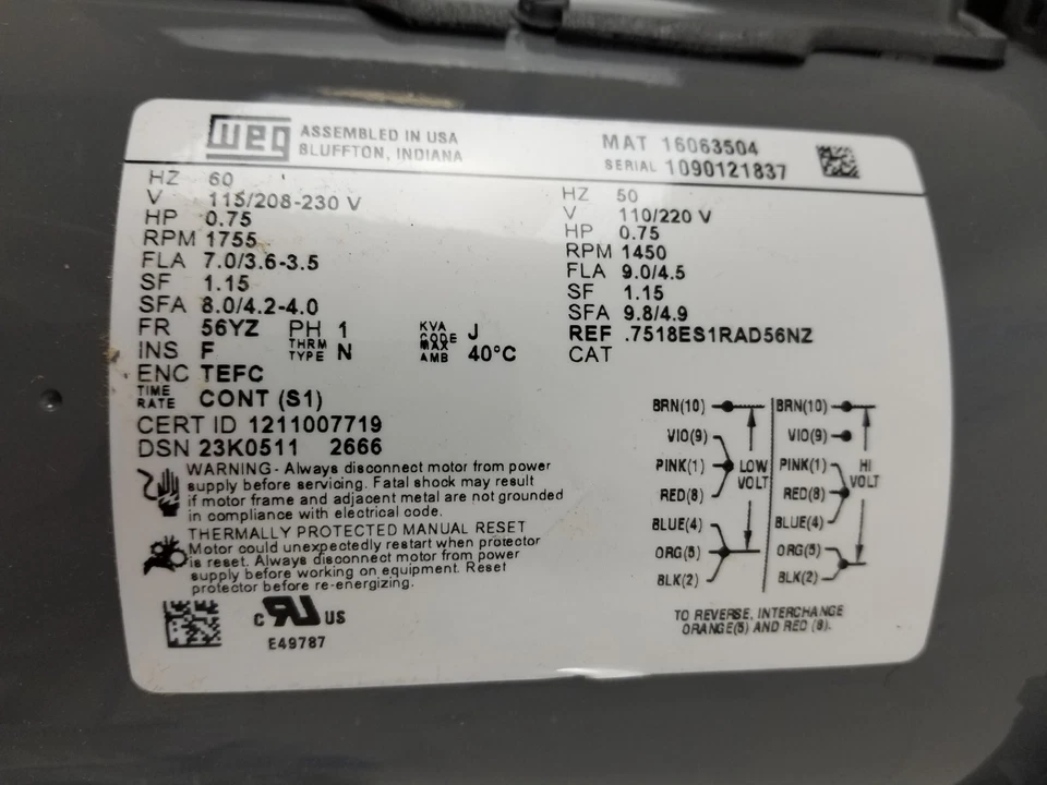 WEG 16063504 0.75HP 1755RPM Motor .7518ES1RAD56NZ 56YZ 115/208-230V 50/60Hz NEW - Image 3 of 4