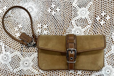 Coach Camel Tan Suede Leather Cell Phone Buckle Wristlet Small Wallet Clutch
