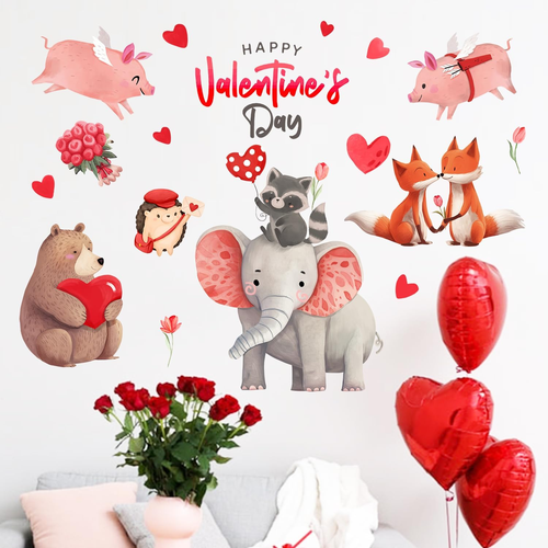 Happy Valentine'S Day Wall Decals Stickers, Valentine Animals Red Love Heart Flo - Picture 3 of 12