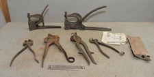 Antique tool lot 2 hand rivet tools 2 leather hammer pliers & 2 hog snouters lot