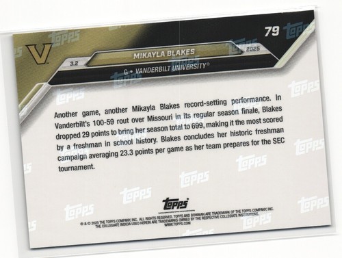 2024-25 Bowman U Now Mikayla Blakes New Vanderbilt Scoring Record #79 - Picture 2 of 2