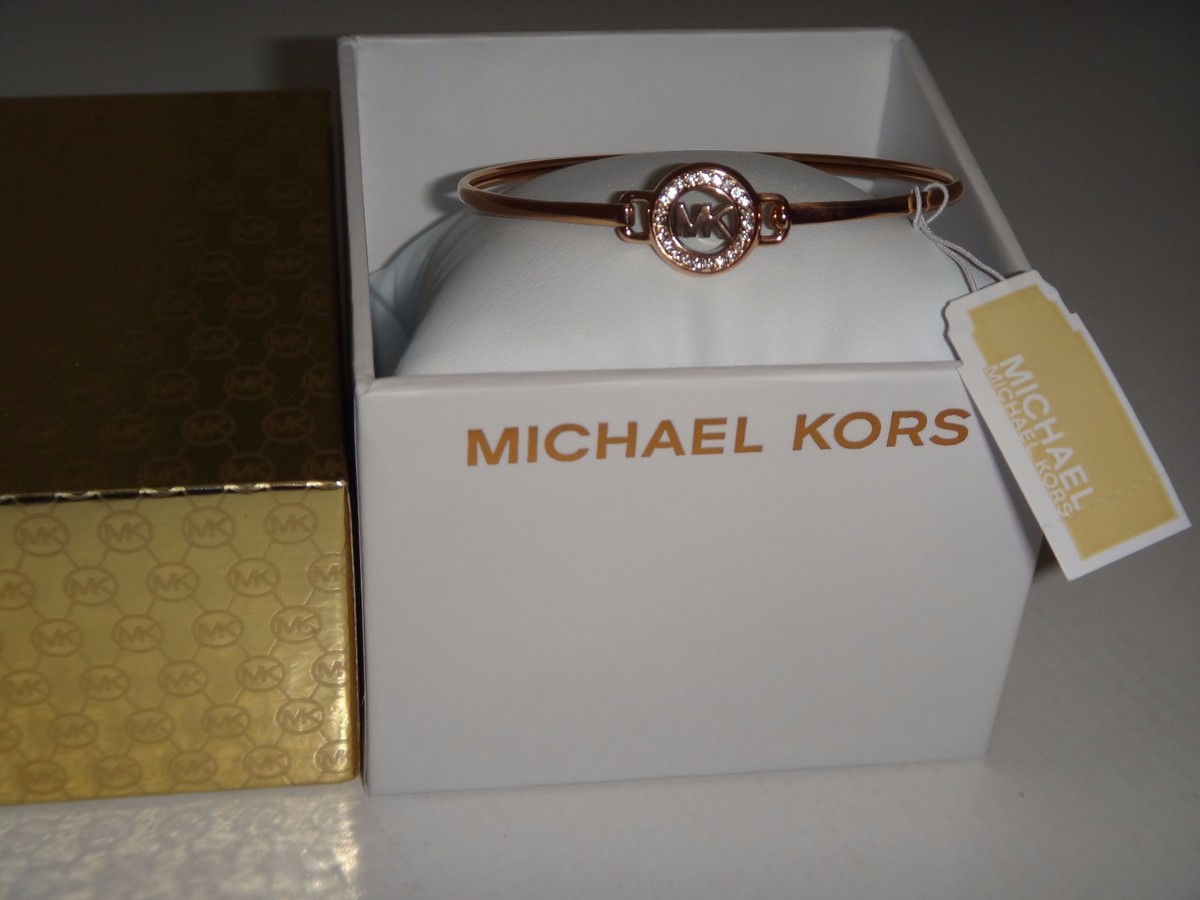 MICHAEL KORS Womens Exclusive MK Logo Rose Gold Bracelet Crystals  
