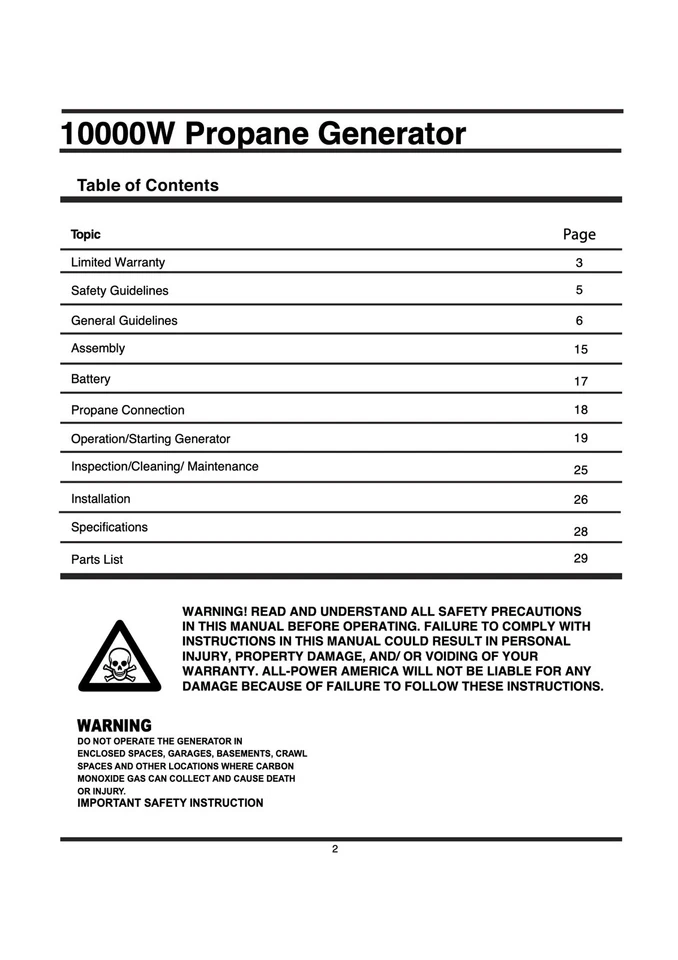 Owners Manual All-Power 10,000-Watt Propane Portable Generator - Model APG3590CN - Image 2 of 4