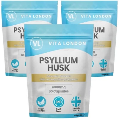 VITA LONDON Psyllium Husk Capsules Fibre Supplement With Probiotic Acidophilus 4000mg Vegan