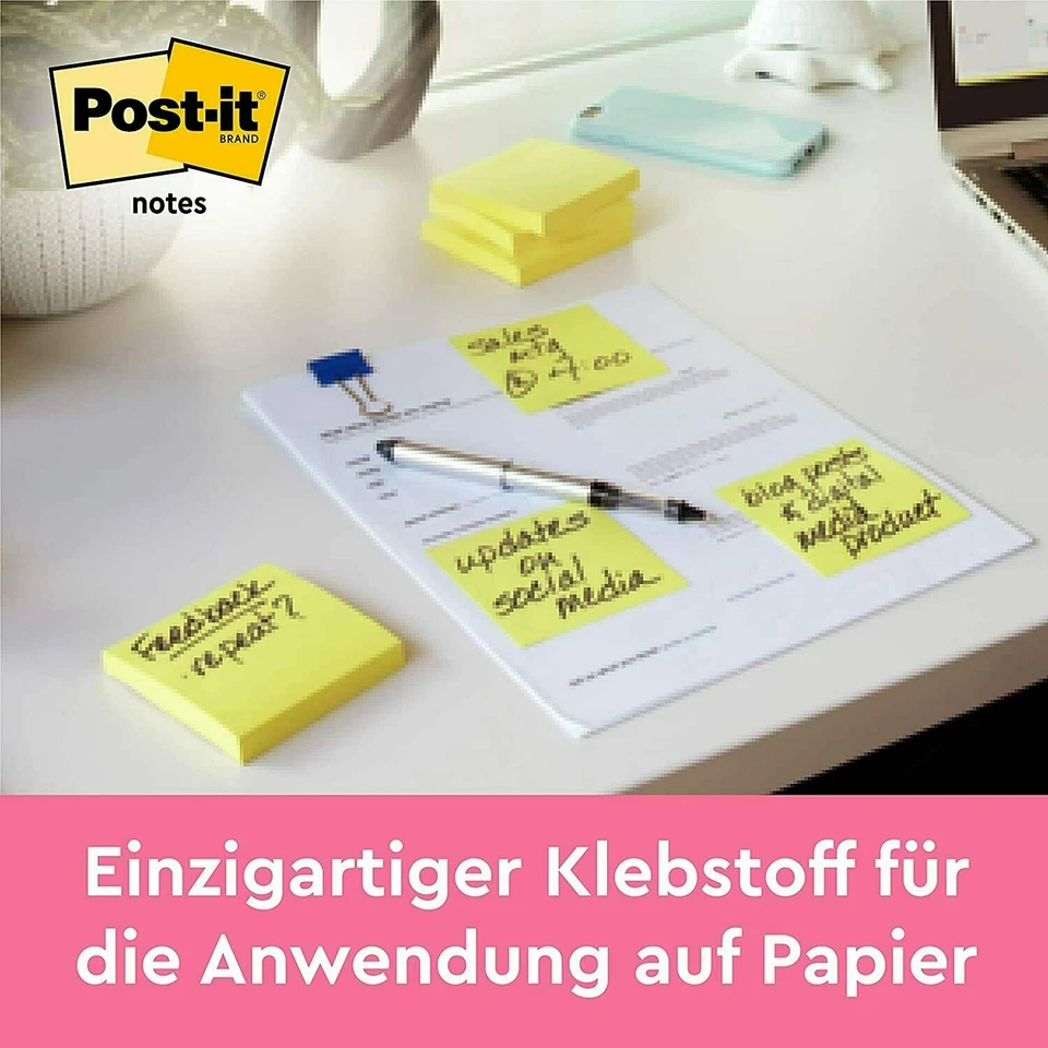 Post-it Notes 654 – Selbstklebende Haftnotizzettel in 76 x 76 mm – 12 x100 Blatt - Bild 2 von 4
