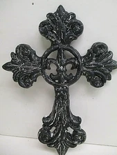 Hand Painted Cast Iron Cross crucifix wall decor ~ Black w/ White  ~7.5" x 10" 