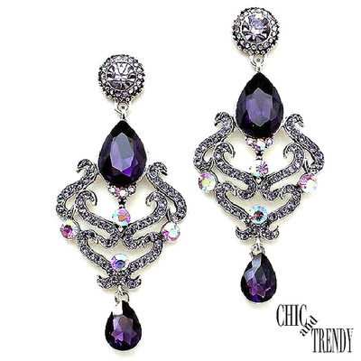 HIGH END PURPLE AB GLASS CRYSTAL CHUNKY CHANDELIER EARRINGS PROM FORMAL JEWELRY*