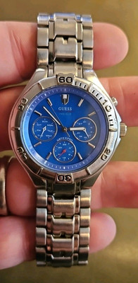 Guess Waterpro Watch Men Silver Blue Dial Day Date Chronograph G95203G WORKS