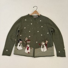Croft  Barrow M Snowman Cardigan Sweater Christmas Embroidered Roll Neck Granny