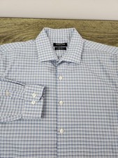 Kenneth Cole Slim Fit Non-Iron Shirt Men's Medium Blue Check Stretch Long Sleeve