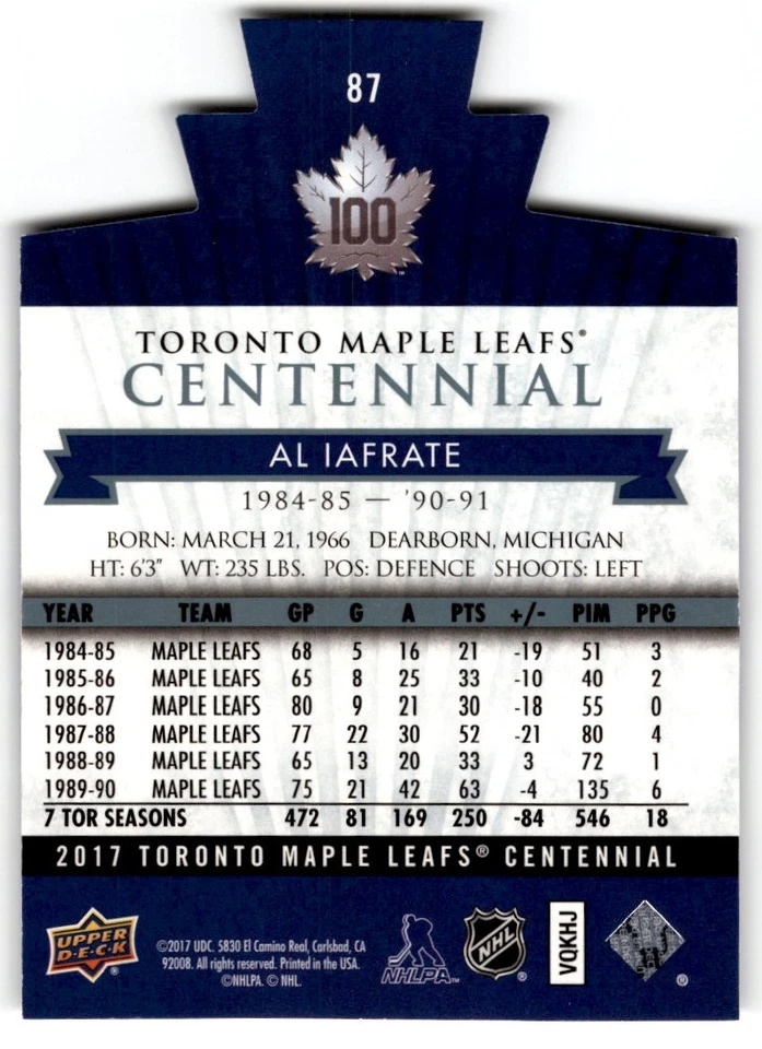 Al Iafrate 2017-18 Upper Deck Toronto Maple Leafs Centennial Blue Die Cut #87 - Image 2 of 2