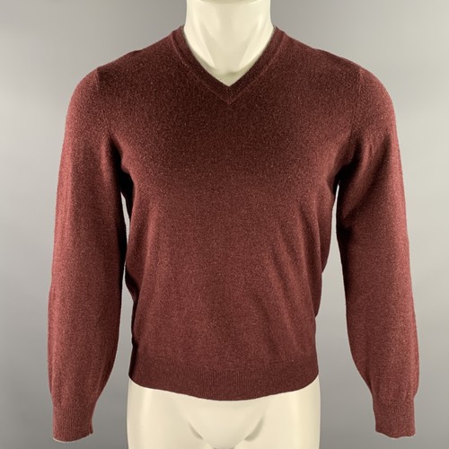 BRUNELLO CUCINELLI Size S Burgundy Grey Cashmere V-Neck Pullover