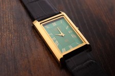 vintage Seiko Quartz Slim Tank Men Green Dial Black leather Dress Watch