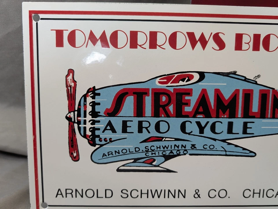 "Letrero de colección de porcelana para bicicleta Schwinn Streamline Aero 16""x8"" excelente" Foto 3 de 4