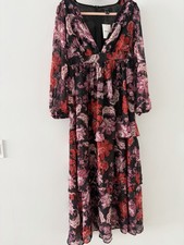 FOREVER 21 Black Red Pink Floral Maxi Dress Ruffle V-Neck Balloon Sleeve Zip M