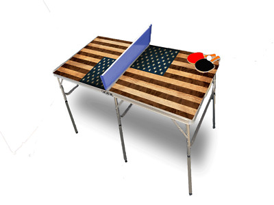American Flag Wood Look Portable Tennis Ping Pong Folding Table w/Accessories