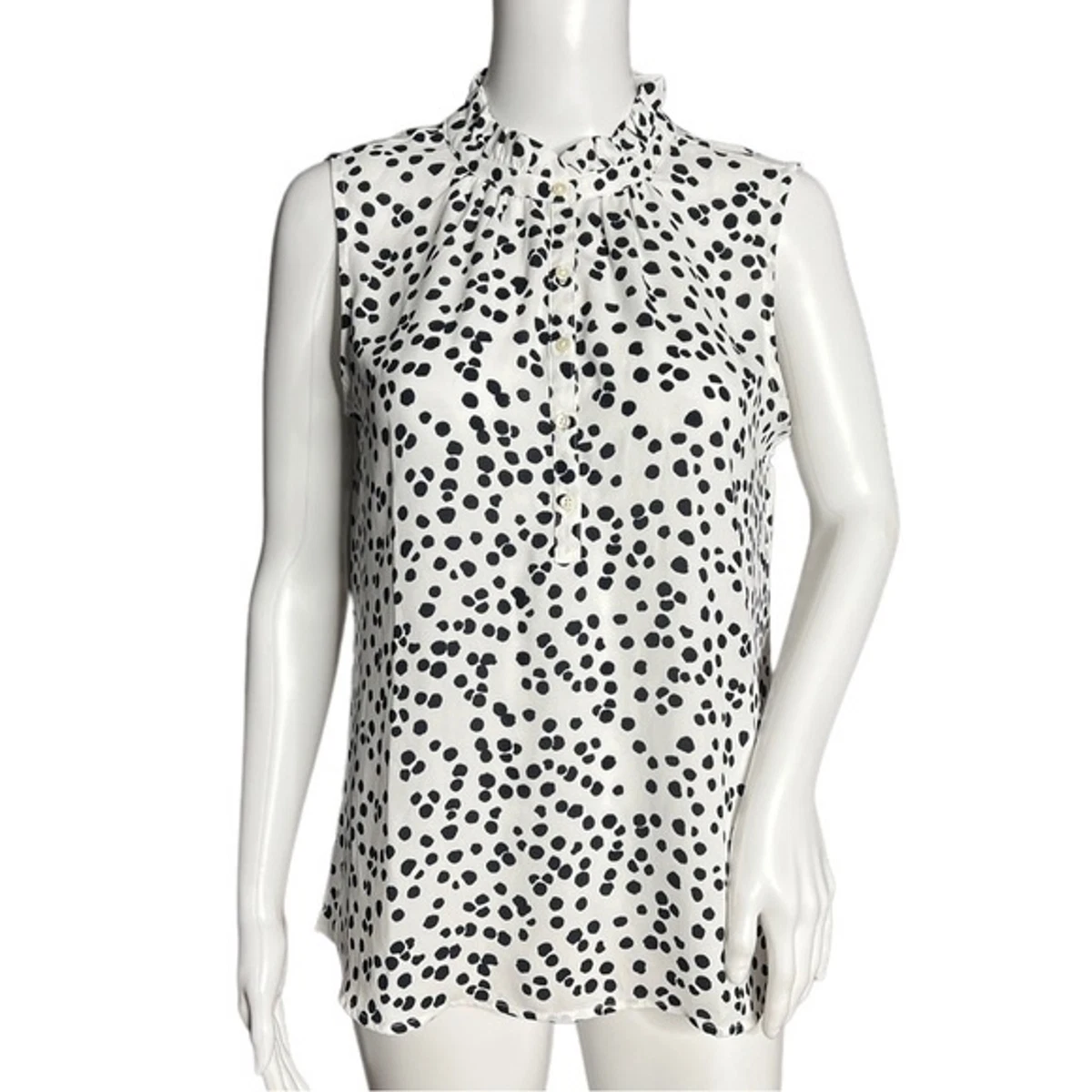 White Black Polka Dot Ruffles Sleeveless Shirt Blouse