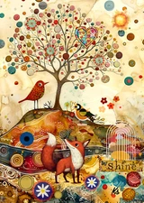 Fox shine your light bird collage artist trading card 2.5x3.5 ACEO whimsical