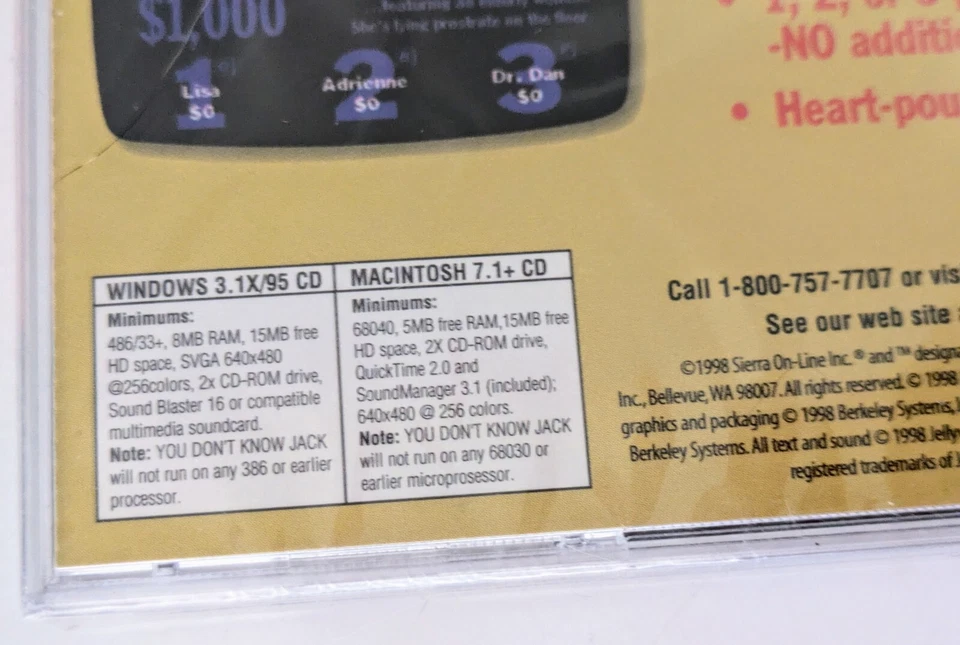 YOU DON'T KNOW JACK CD-Rom PC Game Sealed New 1998 90s Sierra On-line Vintage  - Image 3 of 3