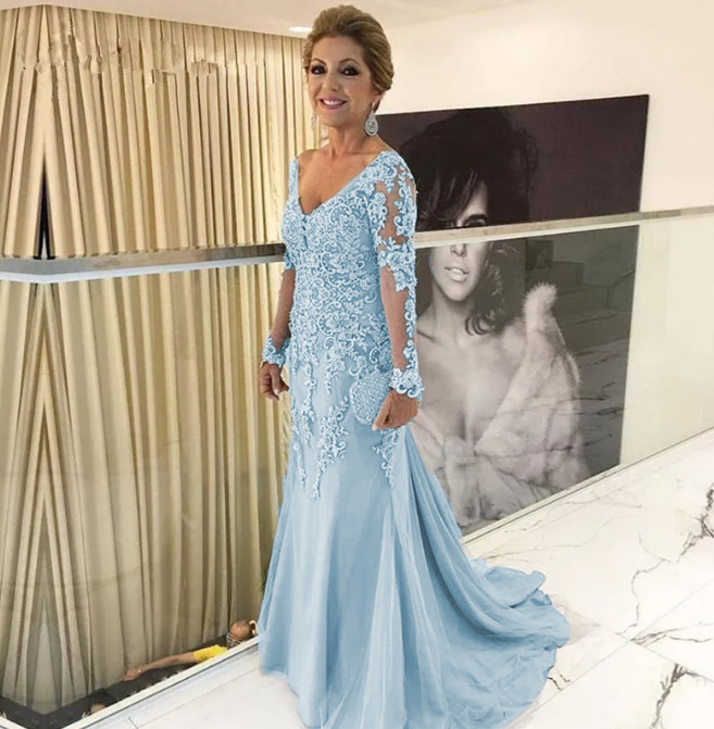 Light Blue Mother of the Bride Dress with Long Sleeves - Dress for