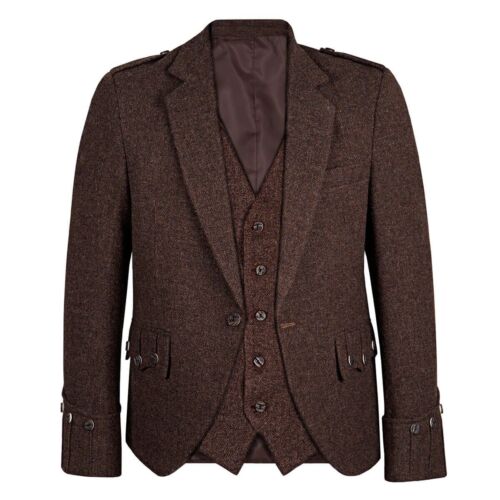Scottish Brown Tweed Wool Argyle Jacket With Vest Wedding Kilt Jacket For Men's - 第 1/5 張圖片