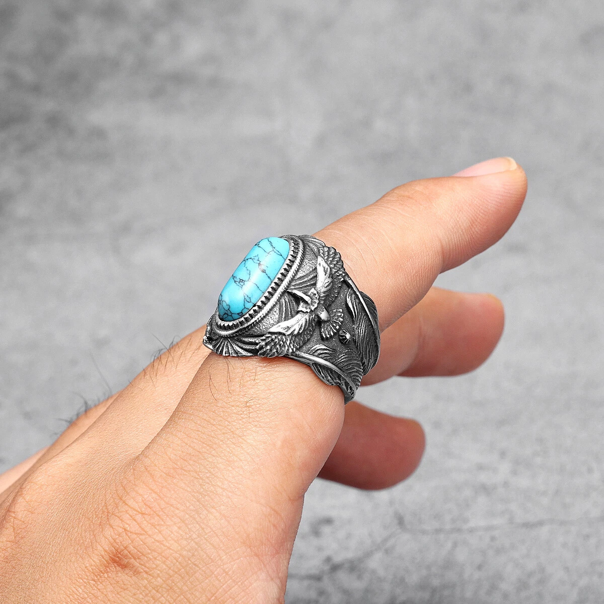 Retro Men Eagle Ring Blue Turquoise Stone Stainless Steel Biker