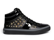 950 New JIMMY CHOO Belgravia Gold Star Stud Leather Hi Top Sneakers Black 40 42