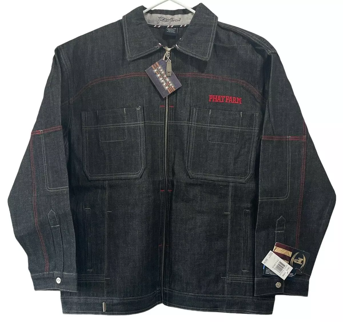 PHAT FARM VINTAGE FULL ZIP RIGID BLACK DENIM JACKET RAP HIP HOP 2XL