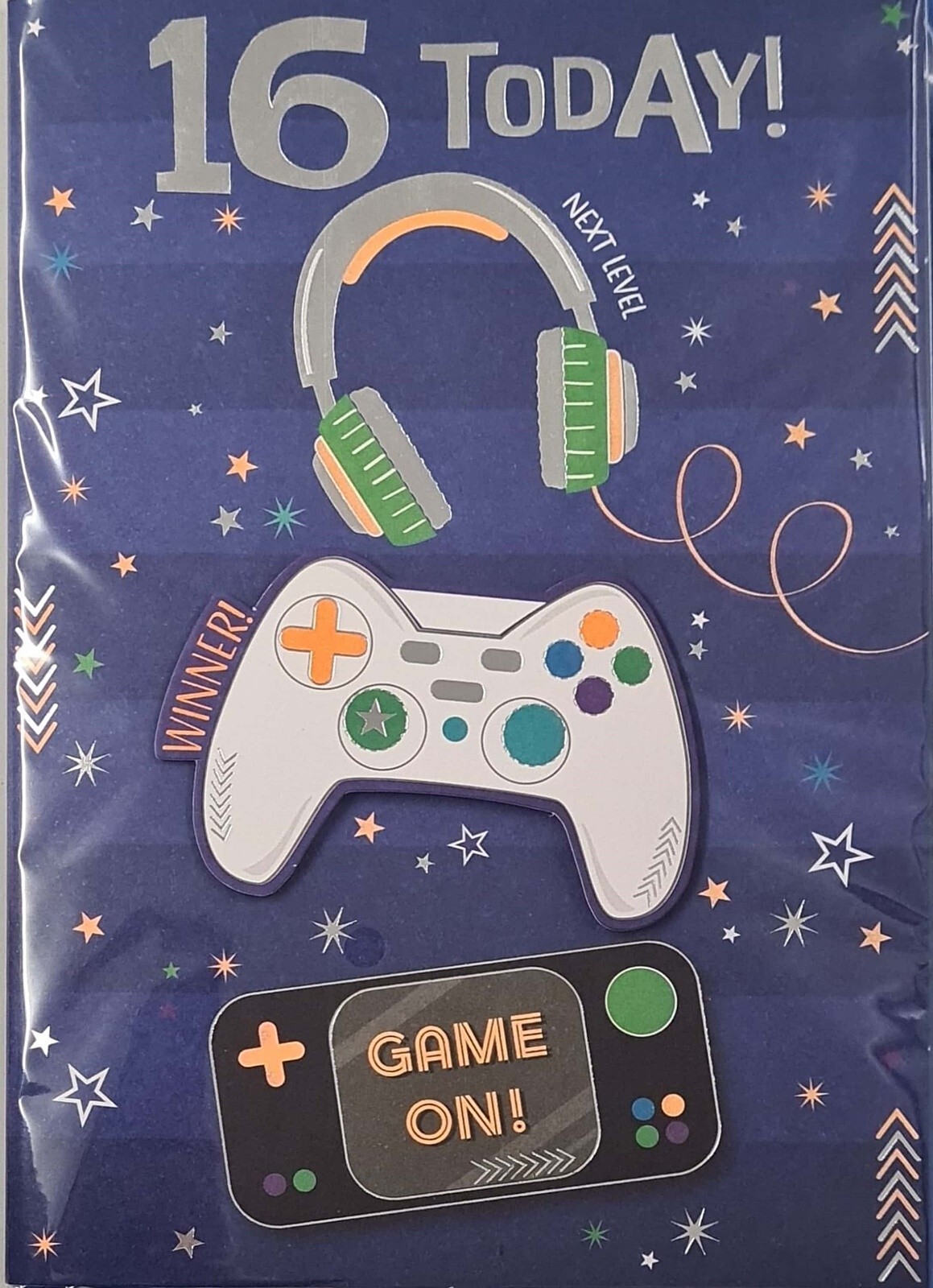 Happy 16th Birthday Card 16 Today ""Game On"" ""Next Level"" Controller Headphones