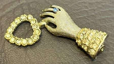 Vintage Victorian Revival Gold Tone Hand Holding Heart Rhinestone Brooch