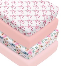 4 Pack Baby Girl Crib Sheets Fitted Pink Crib Sheet Portable Mattress Cover o...