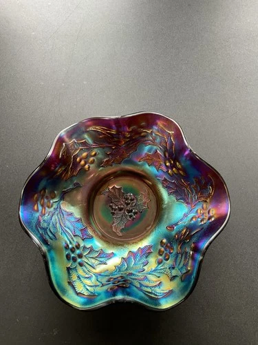 Dugan Amethyst Carnival Glass Holly Berry Ruffled Bowl 7” Vintage Iridescent