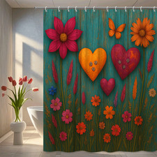 Colorful Floral Shower Curtain with Hearts and Butterflies